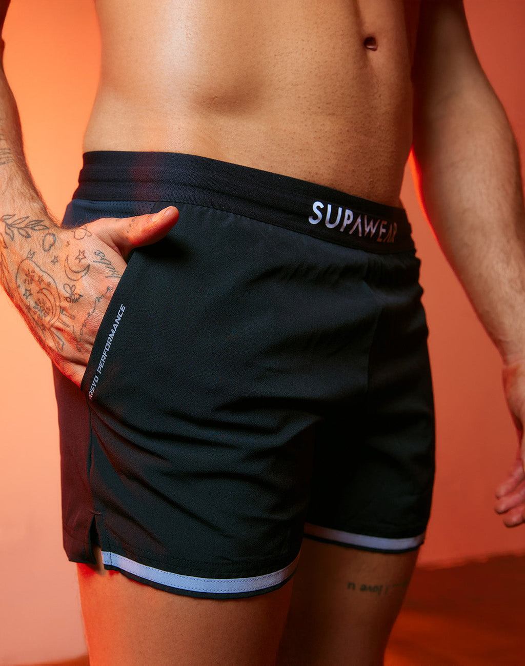 Black Supawear SPR Performance Shorts by CITYBOYZ★USA, athletic shorts with a sleek design, suitable for active wear.