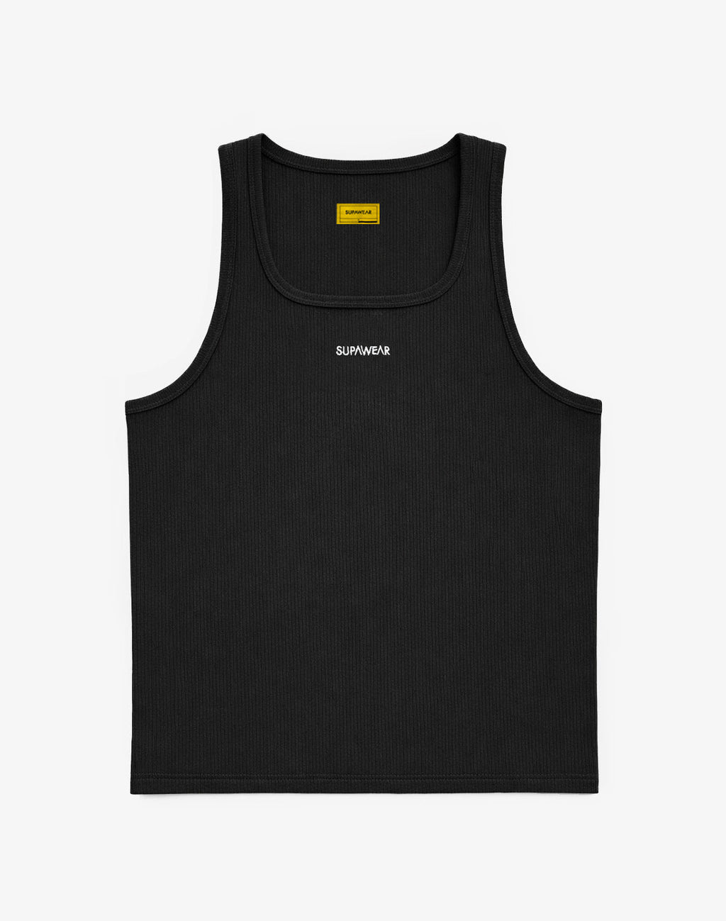 Black Supawear semi-squared ribbed tank top by CITYBOYZ★USA, featuring a fitted sleeveless design and ribbed fabric.
