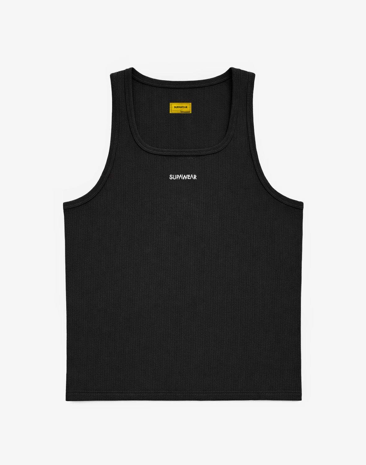 Black Supawear semi-squared ribbed tank top by CITYBOYZ★USA, featuring a fitted sleeveless design and ribbed fabric.