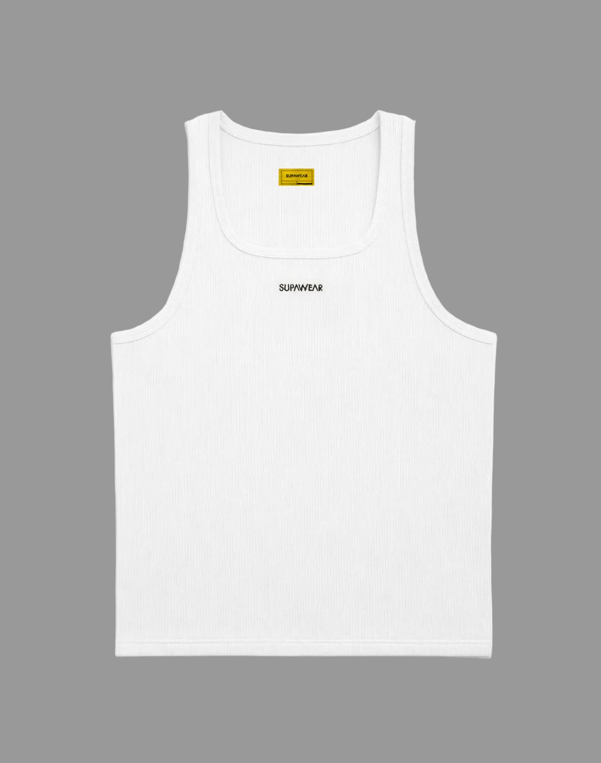 White Supawear Semi-Squared Tank Top by CITYBOYZ★USA featuring a ribbed, sleeveless design and a semi-squared neckline.