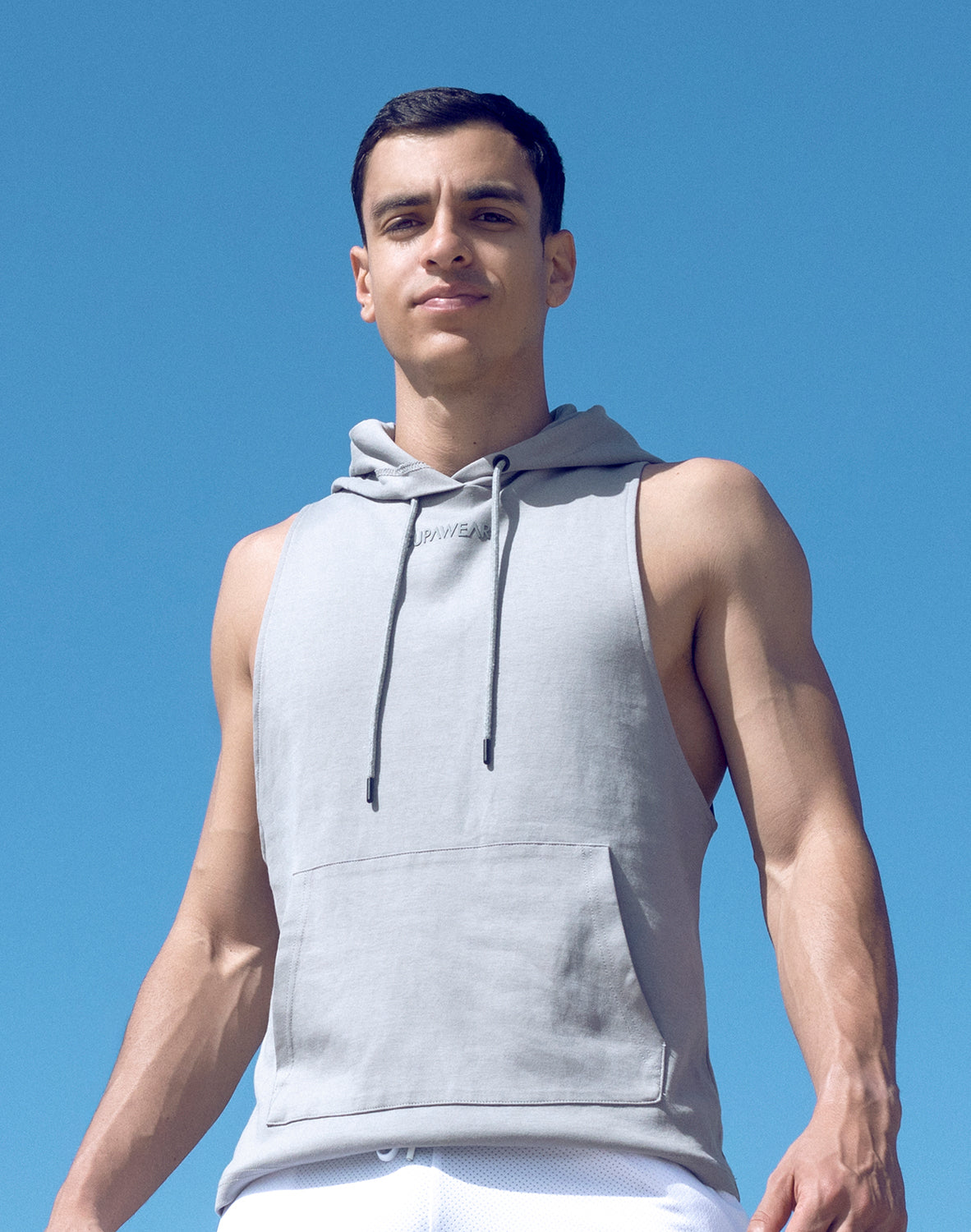 Grey Supawear sleeveless hoodie from CITYBOYZ★USA, featuring athletic design and comfortable fit for activewear.