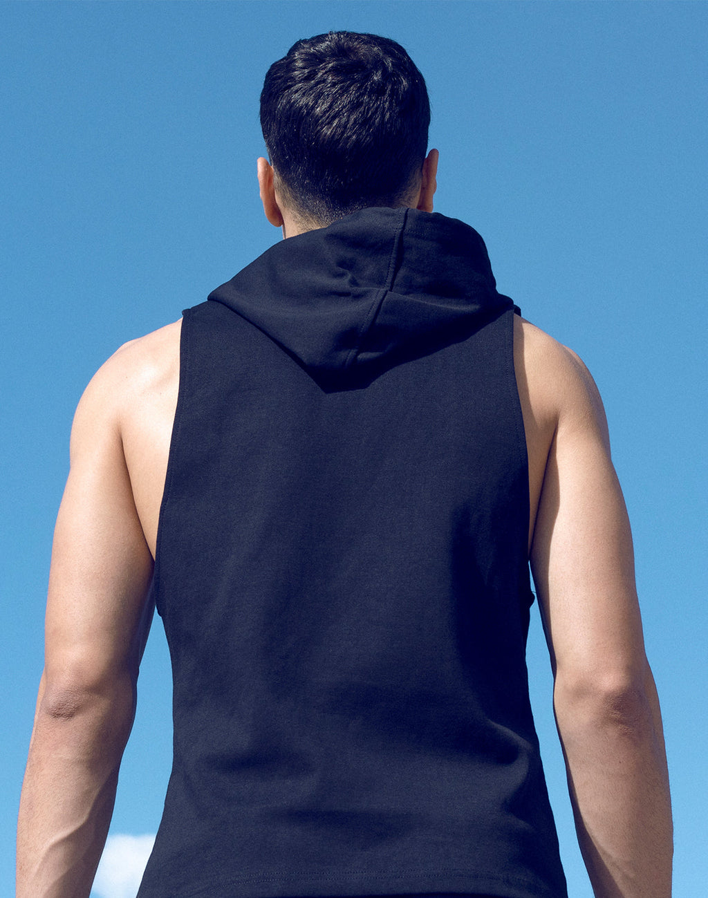 Black sleeveless hoodie from Supawear activewear by CITYBOYZ★USA, shown on a black background with front view and hood details.
