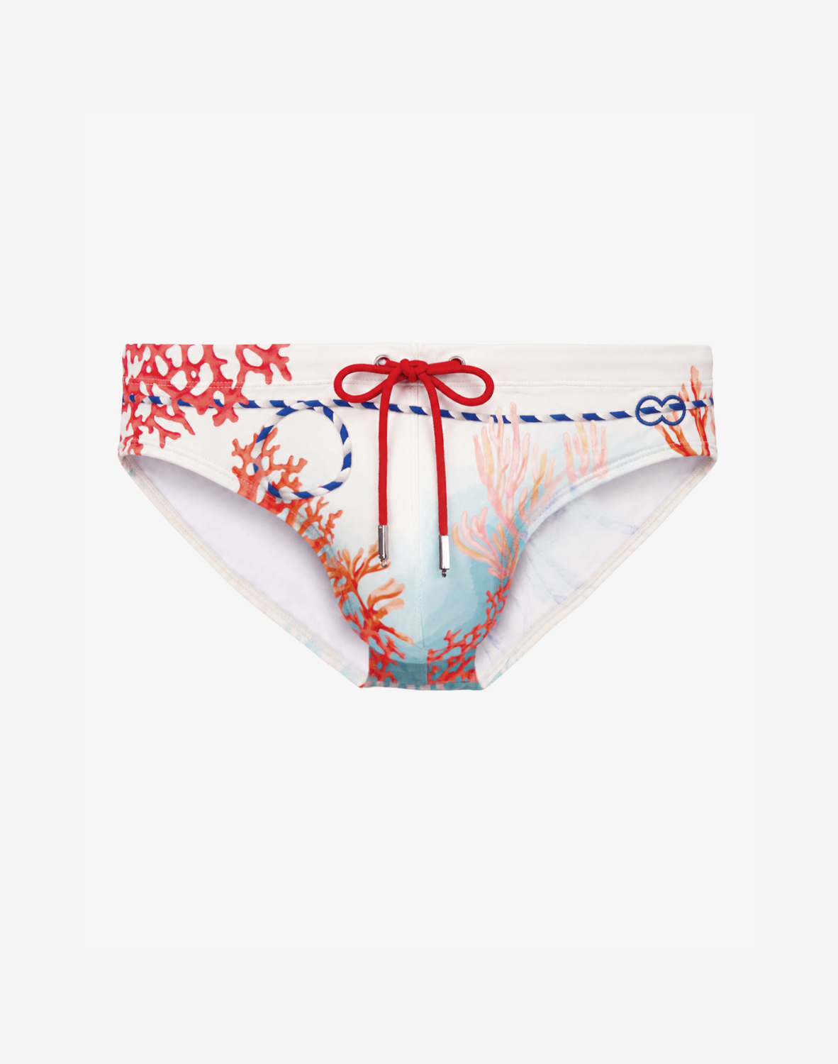 CityBOYZ USA 2Eros Coralscape swim brief with vibrant coral and blue pattern, featuring a comfortable fit and sleek design.
