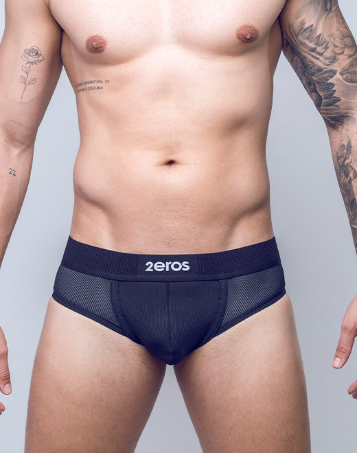 CityBoyz USA 2Eros Hermes brief underwear, black and beige color, close-up of comfortable men's underwear with brand logo.