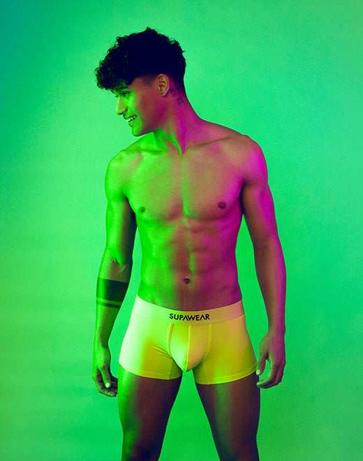 Bright neon SUPAWEAR trunk with bold design from CITYBOYZ★USA, featuring comfortable fit and vibrant colors.