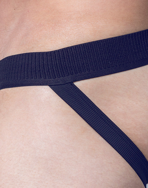Black Hermes jockstrap from CITYBOYZ USA with supportive pouch and adjustable waistband, shown on a model.