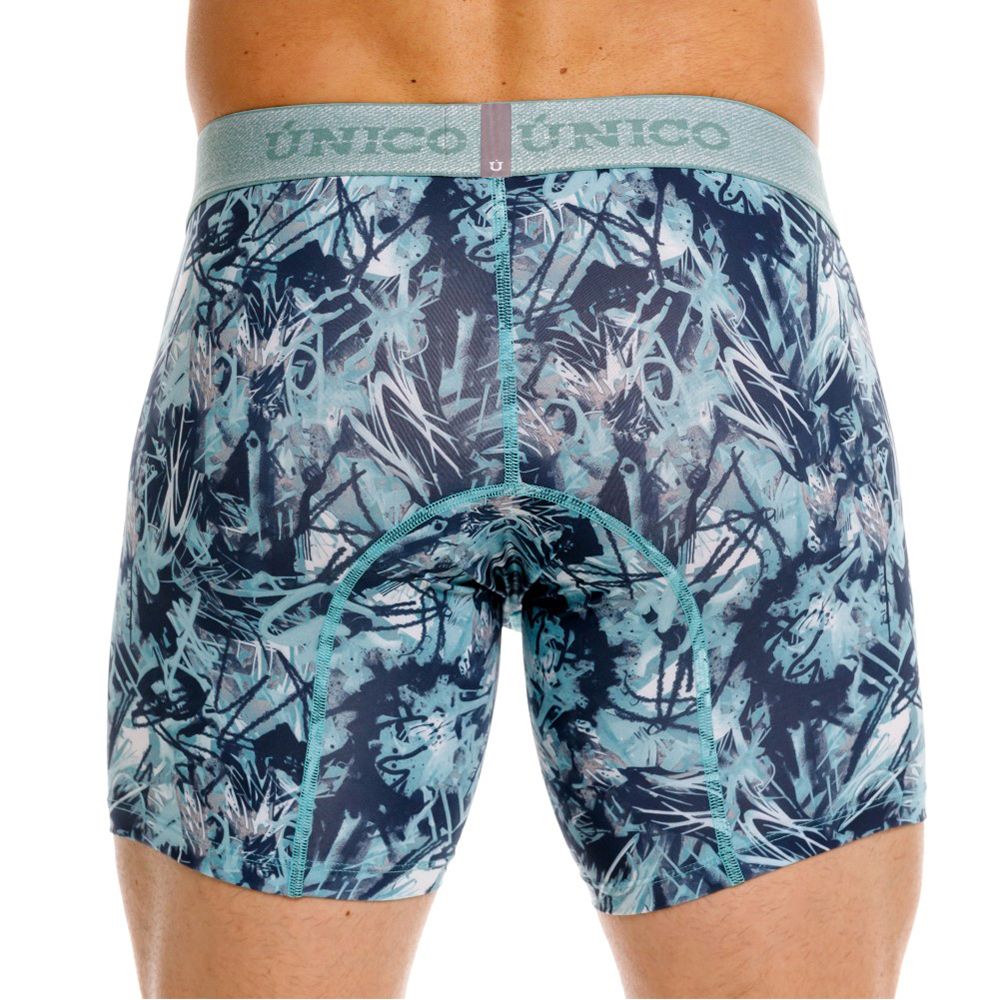 Blue Unico Tags boxer brief by CITYBOYZ★USA, close-up of the fitted waistband and soft fabric on a model.