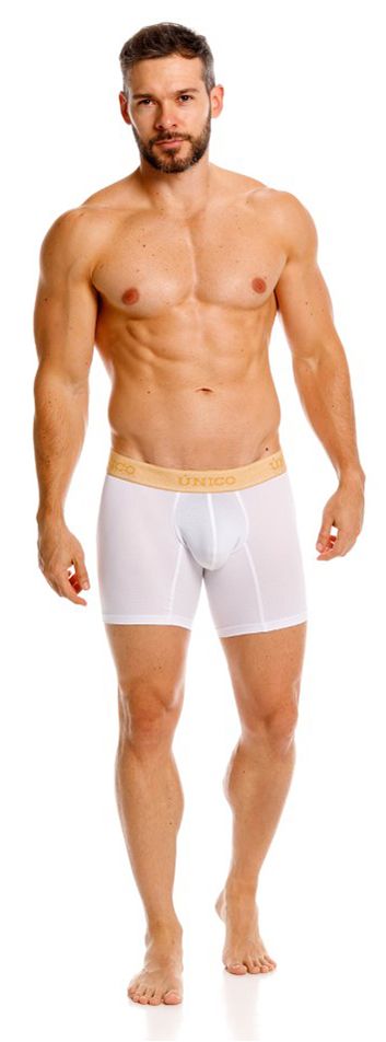 White Unico Amber boxer brief by CITYBOYZ★USA, showing a snug fit and smooth fabric on a model.