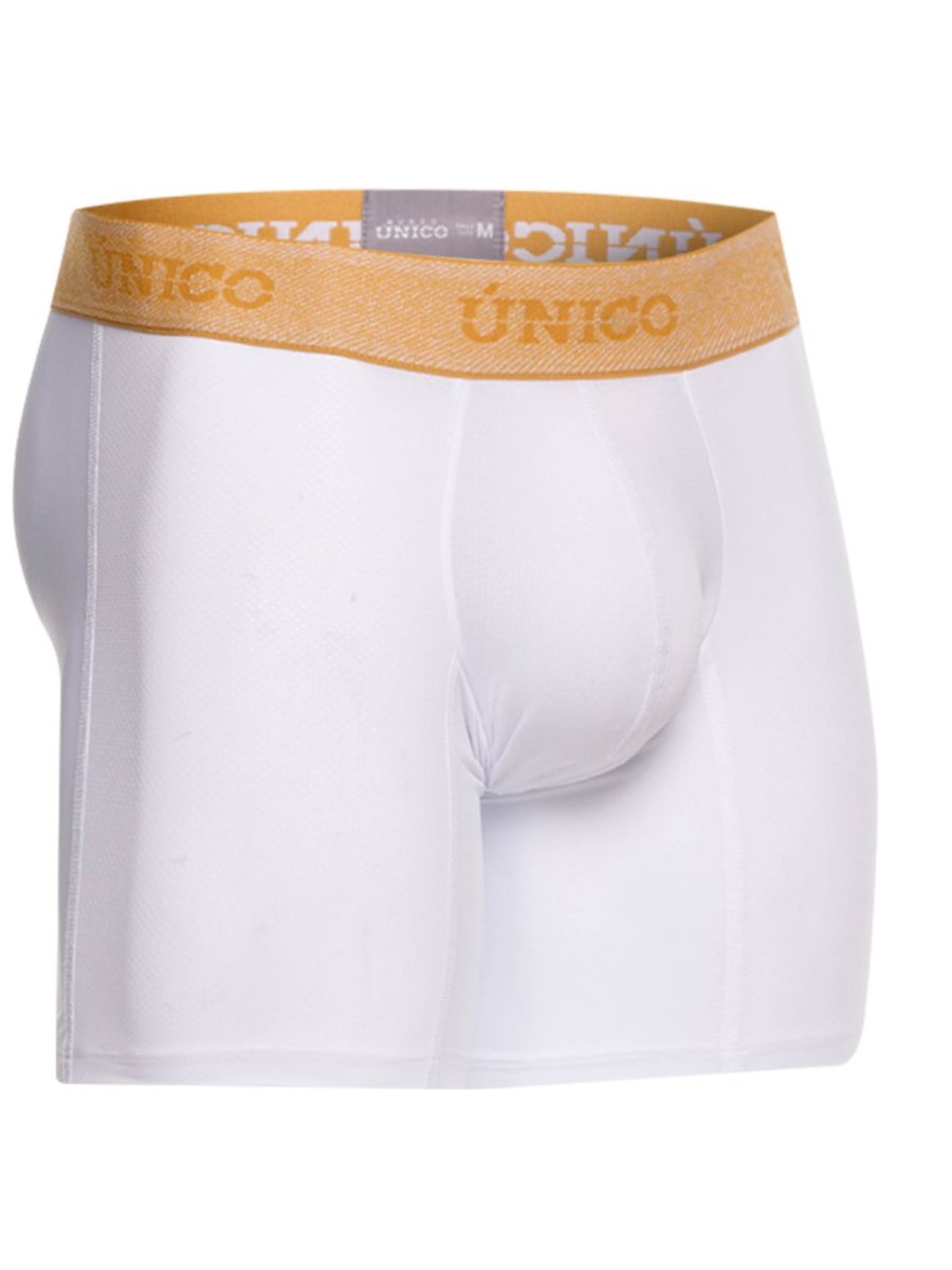 White Unico Amber boxer brief by CITYBOYZ★USA, close-up of the fitted men's underwear showing soft fabric and waistband.