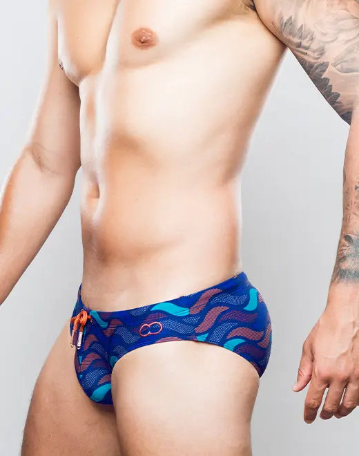 CityBOYZ USA 2Eros Ocean Print Swim Brief V10 featuring vibrant blue and ocean-themed design for men's swimwear.