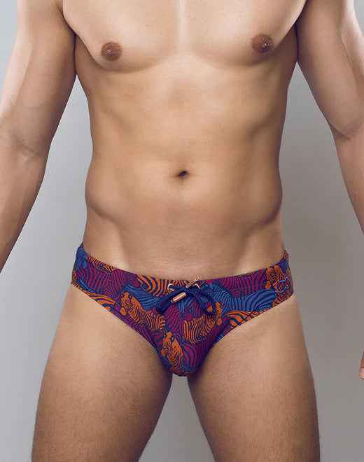 Bright blue CITYBOYZ★USA 2Eros Stallion Print swim brief with bold stallion graphic, designed for stylish swimwear.