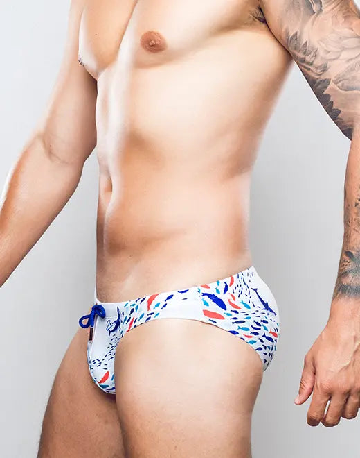 CityBOYZ USA 2Eros Seascape swim brief V20 featuring a vibrant seascape print, designed for comfortable beachwear.