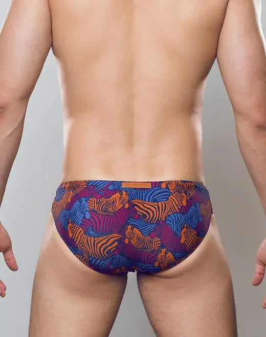 CityBOYZ USA 2Eros Stallion print swim brief, blue and white design, form-fitting swimwear for men, V20 model.