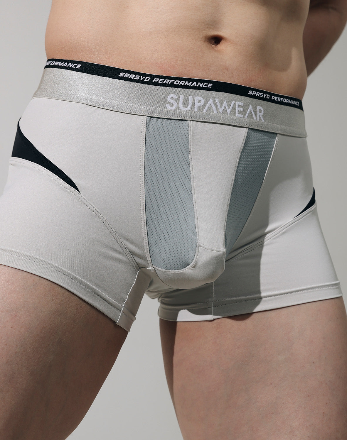 White Supawear SPR Verve Trunk underwear by CITYBOYZ★USA, showing a close-up of the fitted, comfortable design.