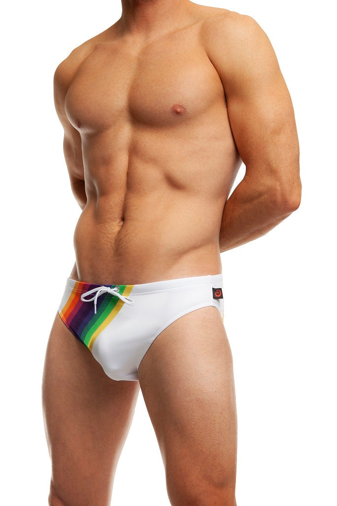 Colorful rainbow swim brief by Jack Adams, stylish men's swimwear perfect for beach or poolside swimming.