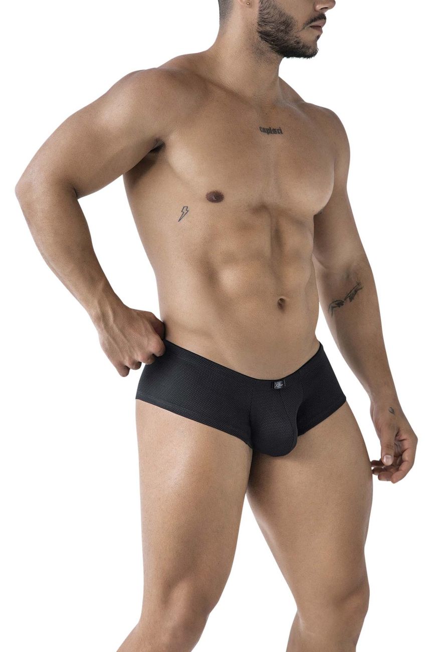 Black Xtremen microfiber trunk from CITYBOYZ★USA, featuring a snug fit and comfortable waistband, displayed on a plain background.
