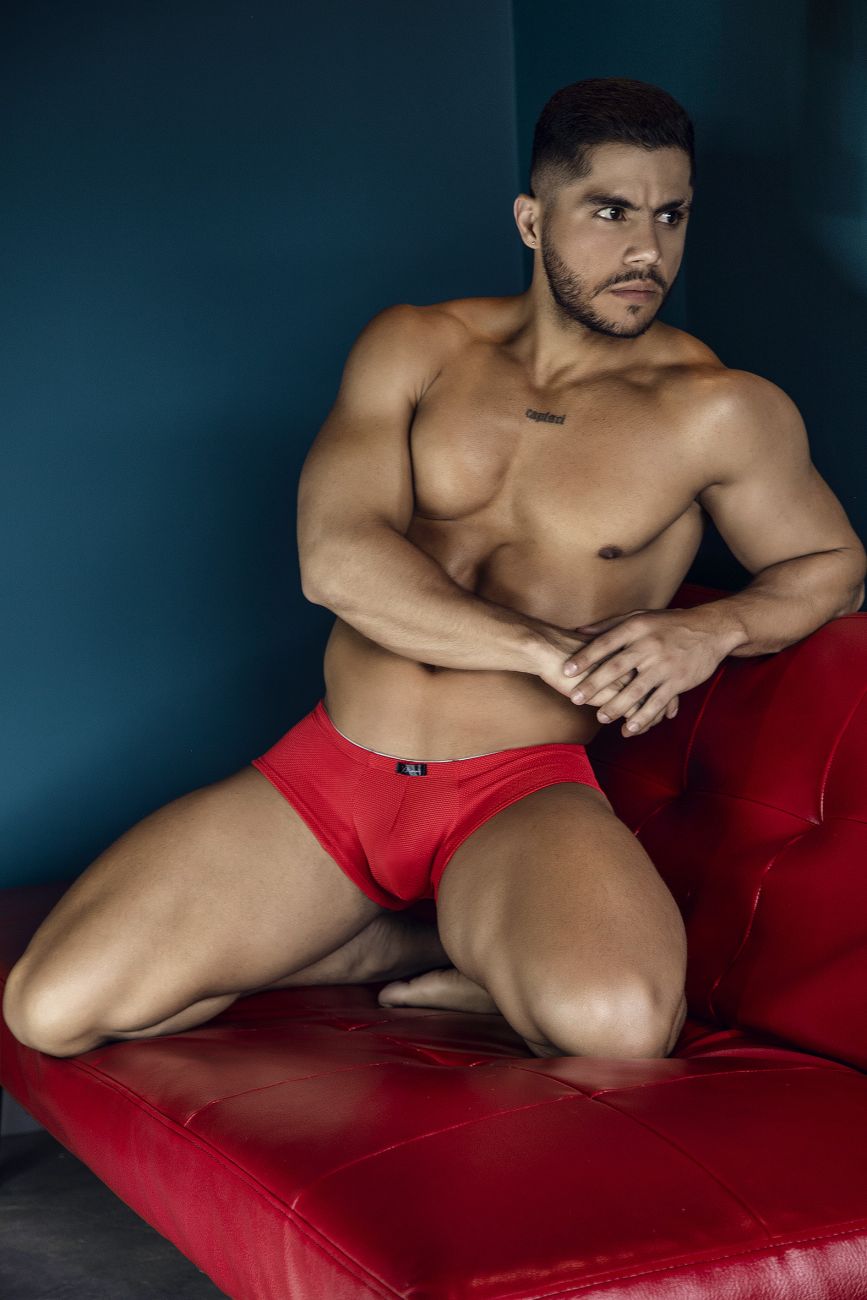 Red Xtremen microfiber trunk by CITYBOYZ★USA featuring smooth fabric and a comfortable fit, displayed on a mannequin.