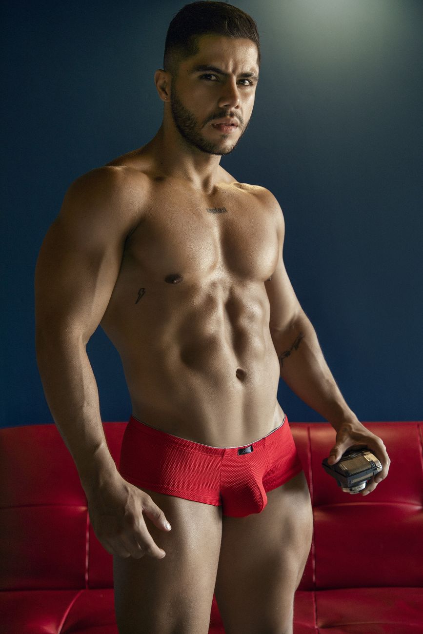 Red Xtremen microfiber trunk by CITYBOYZ★USA, featuring sleek design and comfortable fit, shown on a model.