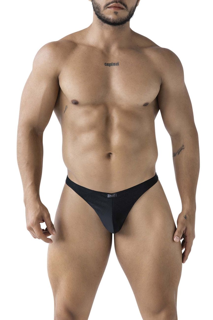 Black Xtremen microfiber thong by CITYBOYZ★USA, close-up of sleek, stretchy fabric and minimal design on a neutral background.