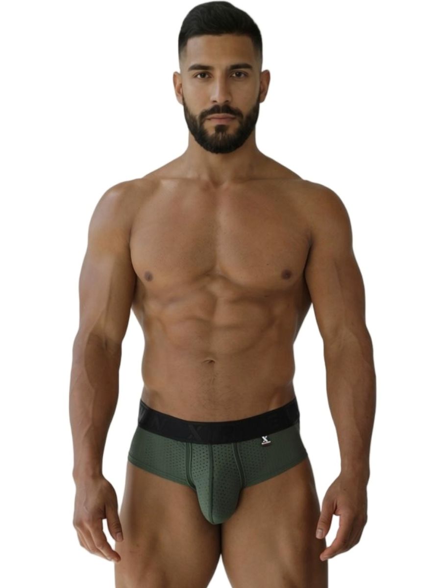 CityBoyz USA Xtremen microfiber brief in military green, close-up of soft, stretchy fabric with waistband and brief design.