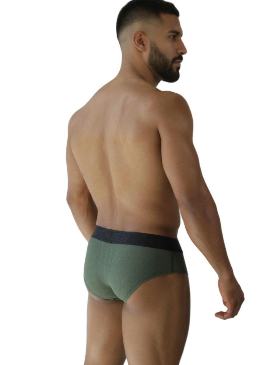 Military green Xtremen microfiber brief by CITYBOYZ★USA, showing a close-up of the comfortable, smooth fabric and elastic waistband.