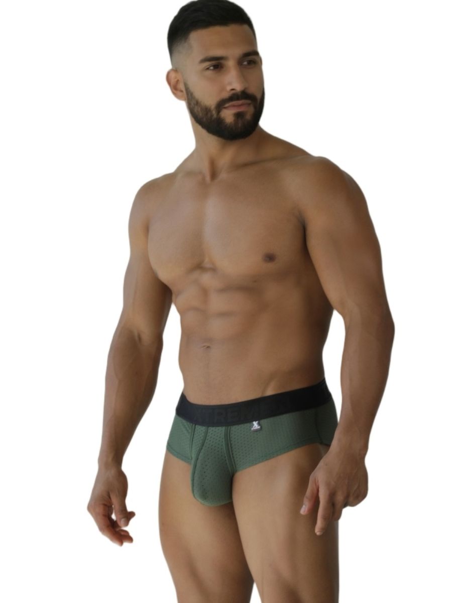 Military green Xtremen microfiber brief by CITYBOYZ USA, shown with a close-up of the soft, fitted waistband and smooth fabric.