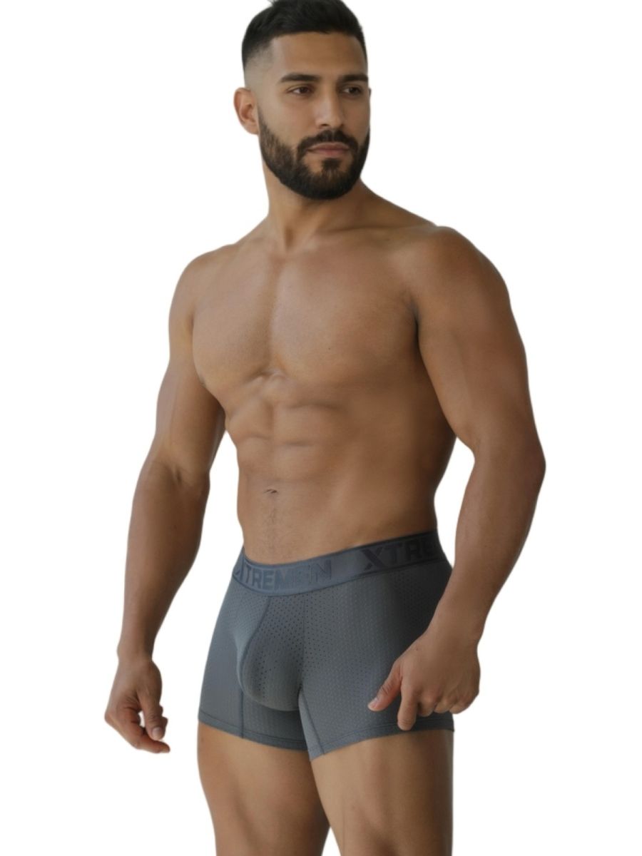 Gray Xtremen microfiber mesh boxer brief by CITYBOYZ USA, close-up of snug fit and breathable fabric design.