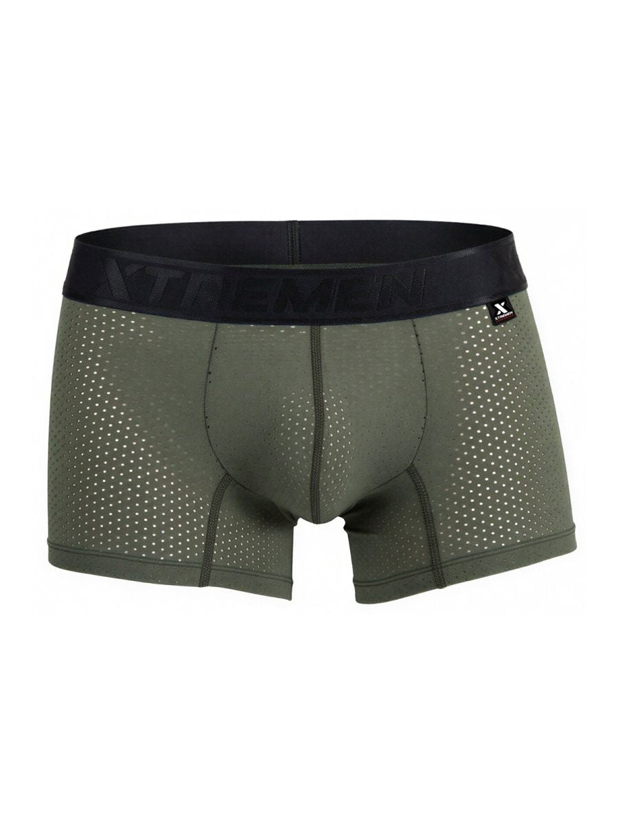 Military green Xtremen microfiber mesh boxer brief by CITYBOYZ★USA, close-up view showing breathable fabric and snug fit.