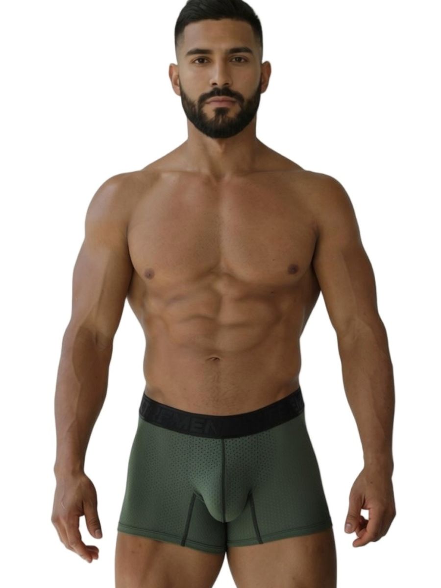 Military green Xtremen microfiber mesh boxer brief by CITYBOYZ★USA, showing the fitted, breathable design and waistband detail.
