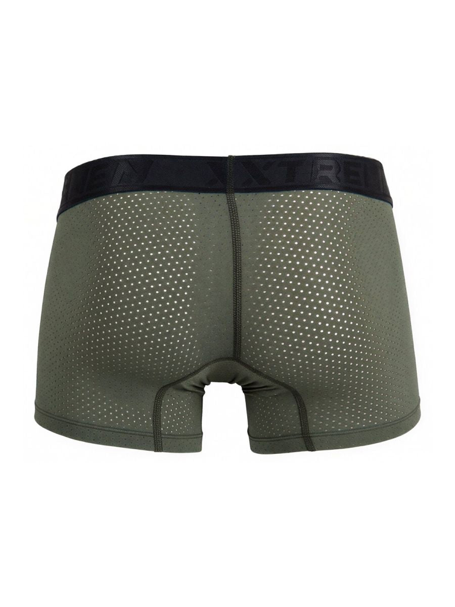 Military green Xtremen microfiber mesh boxer brief by CITYBOYZ★USA, close-up view showing breathable fabric and fitted style.