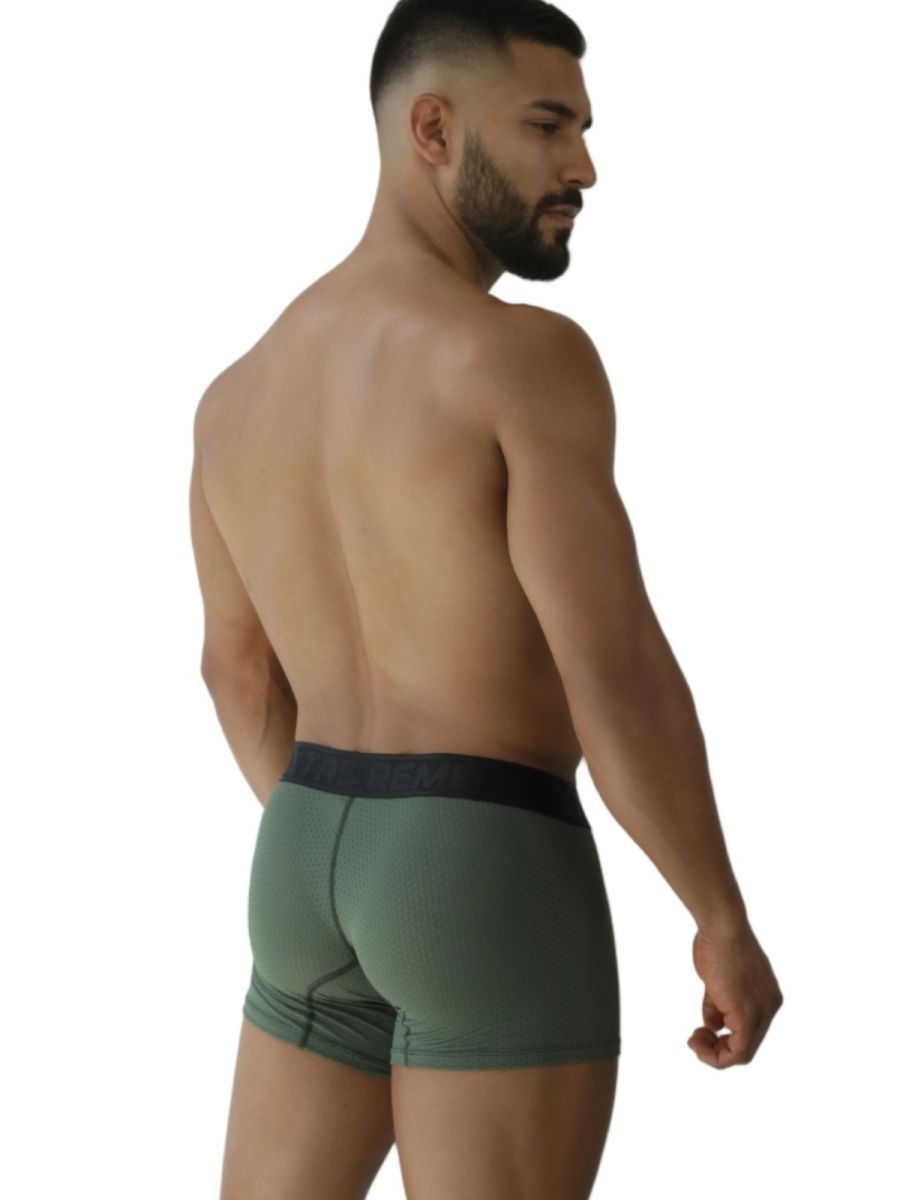 Military green Xtremen microfiber mesh boxer brief by CITYBOYZ★USA, close-up of soft fabric and snug fit design.