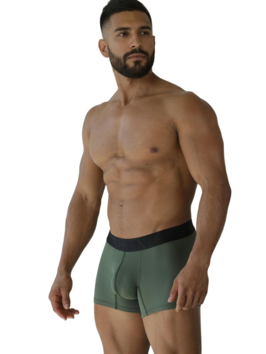 Military green Xtremen microfiber mesh boxer brief by CITYBOYZ★USA, shown laid flat with waistband and breathable fabric.