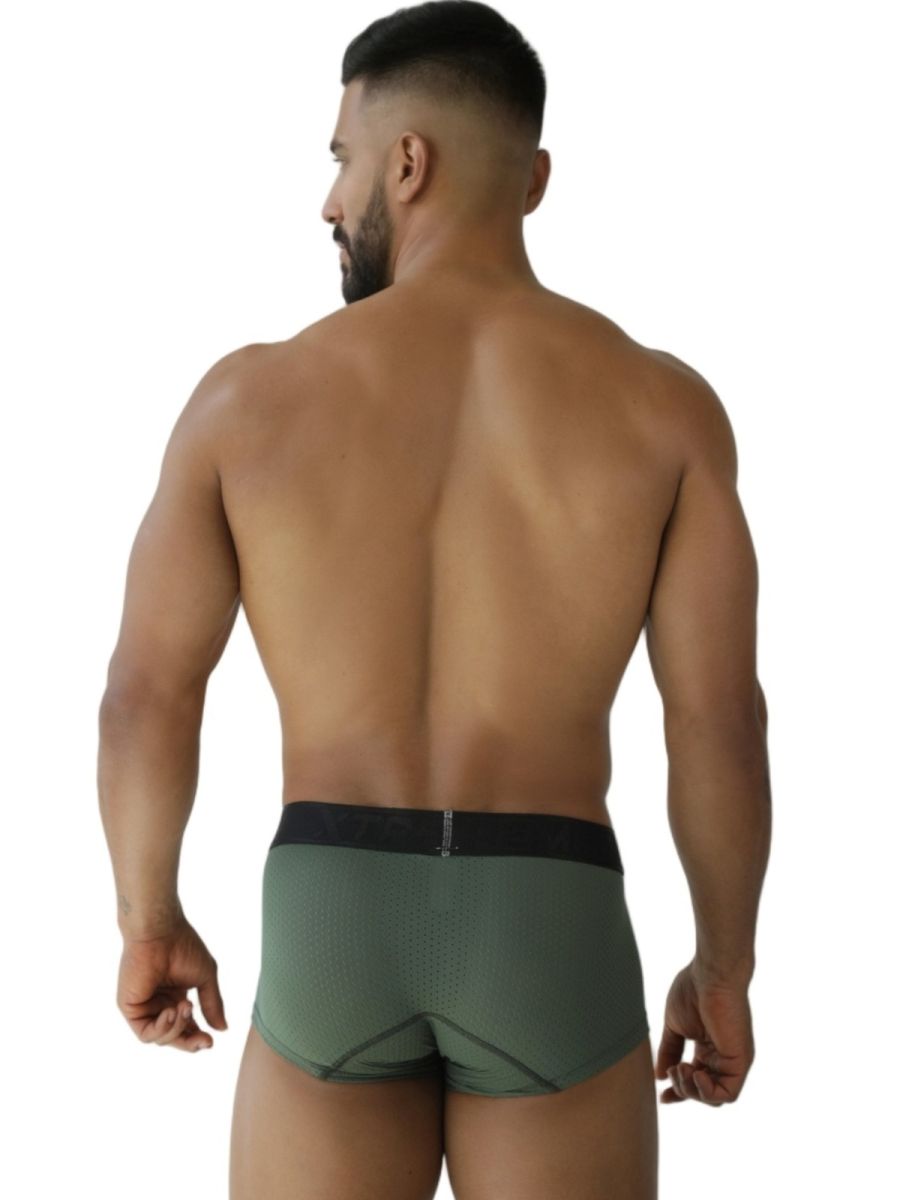 Military green Xtremen microfiber mesh trunk by CITYBOYZ USA, showing a close-up of the comfortable, breathable fabric and fit.