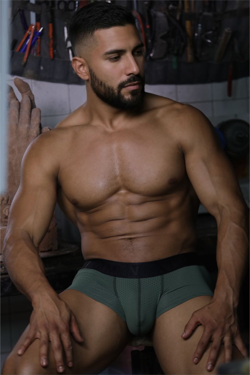 Military green Xtremen microfiber mesh trunk by CITYBOYZ★USA, featuring a close-up of the breathable fabric and fitted design.