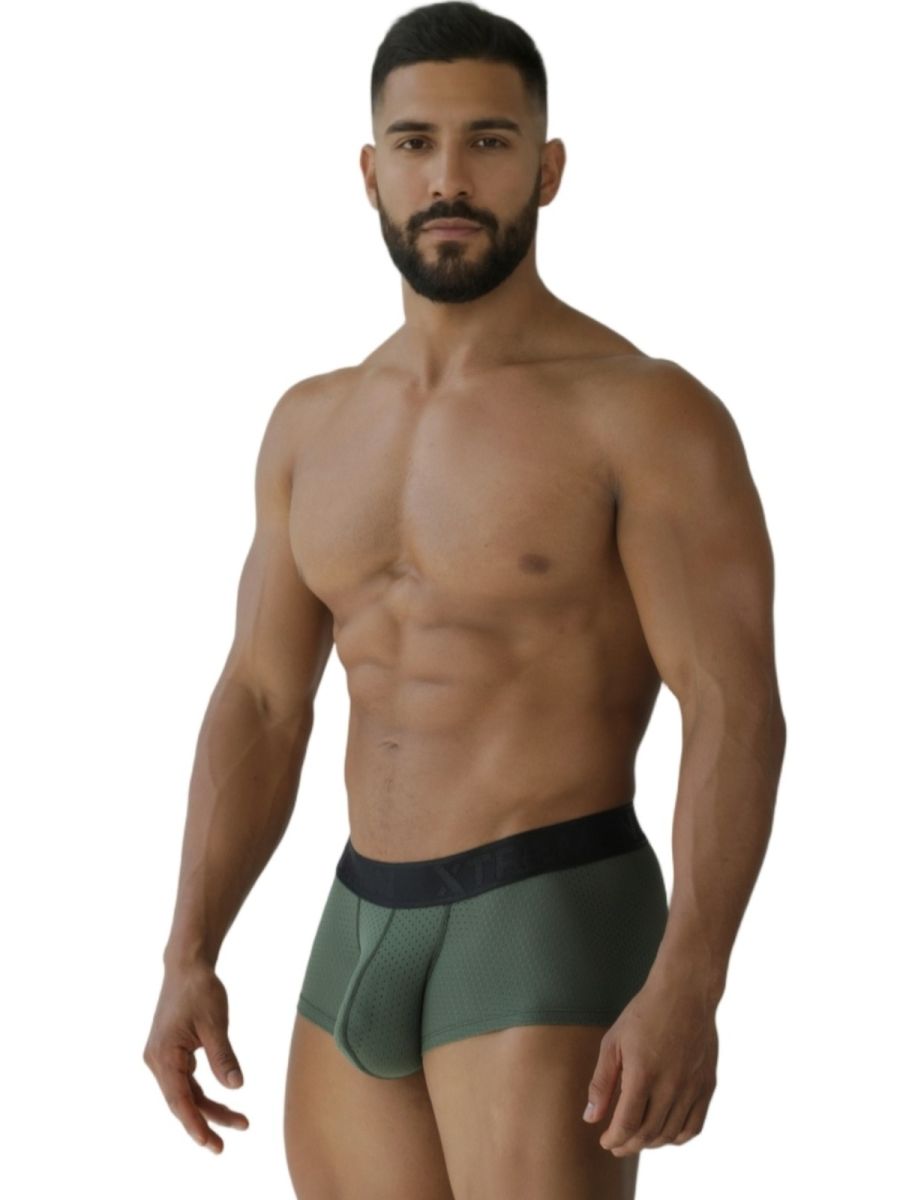 Military green Xtremen microfiber mesh trunk by CITYBOYZ★USA with breathable fabric and snug fit, displayed on a mannequin.