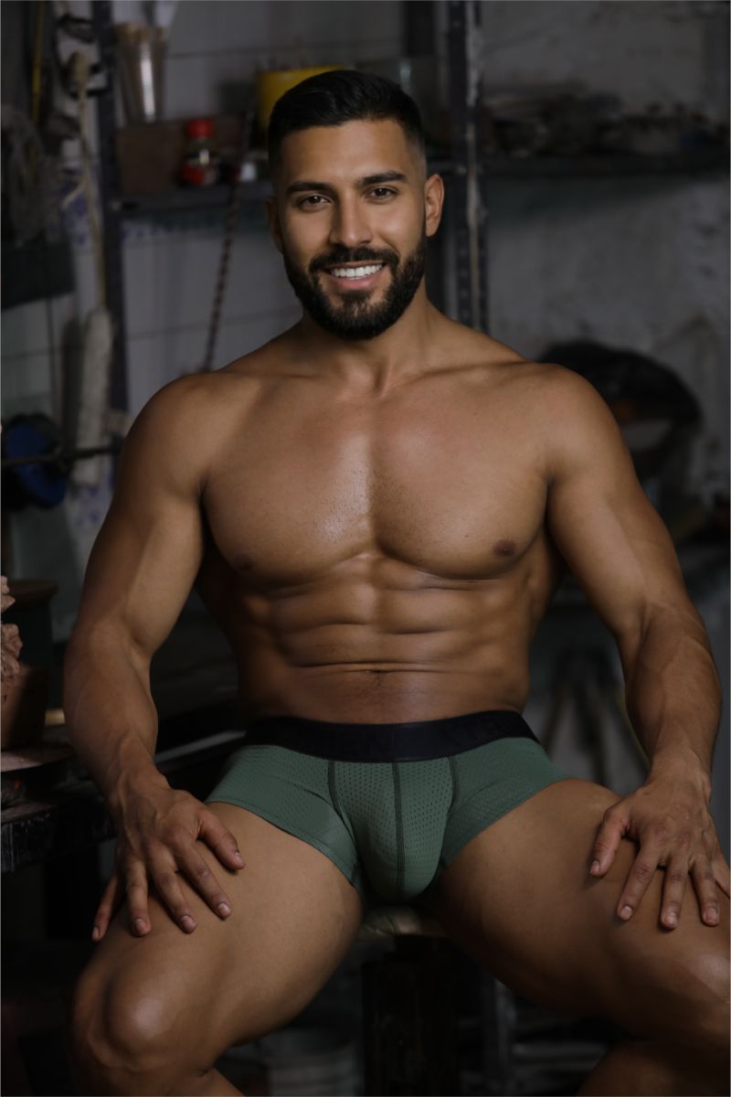 Military green Xtremen microfiber mesh trunk by CITYBOYZ★USA, showing the snug fit and breathable fabric design.