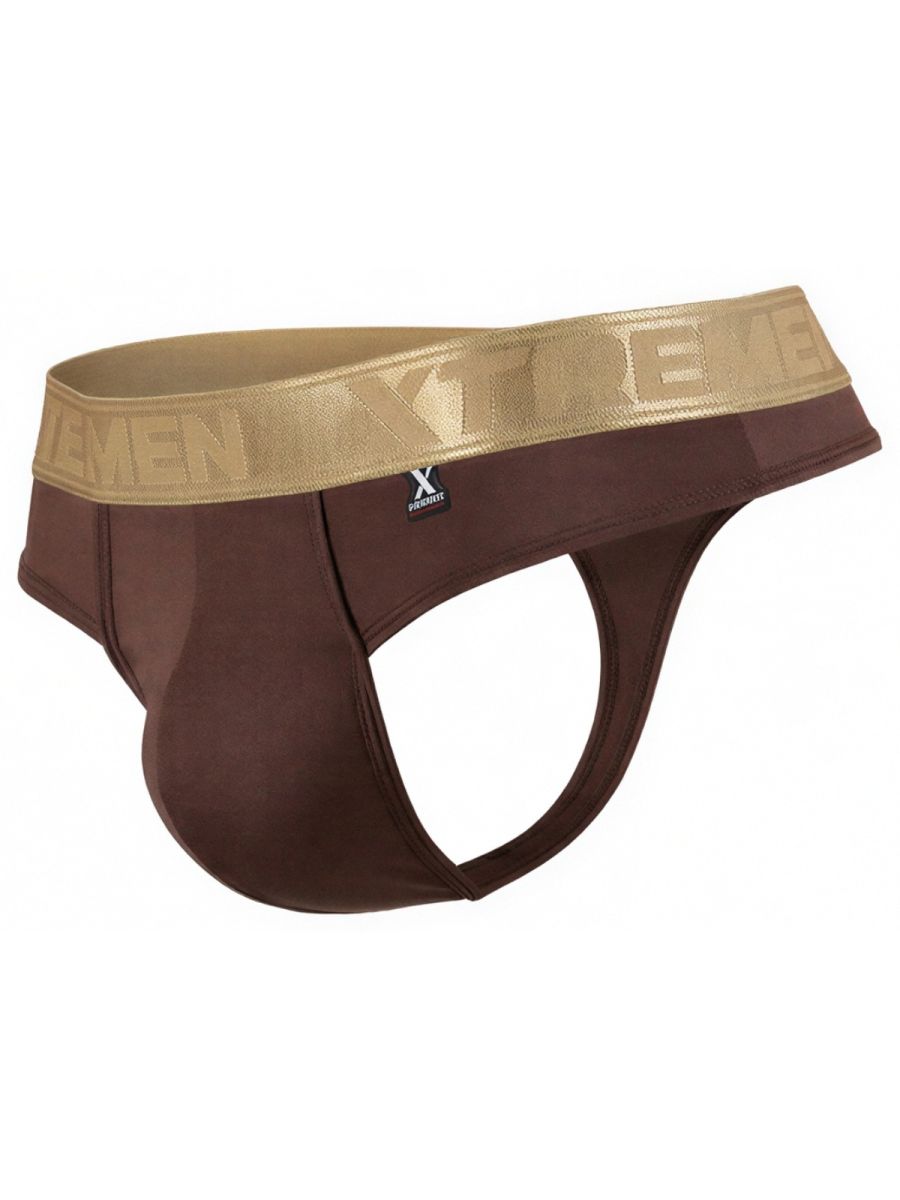 Chocolate microfiber thong from CITYBOYZ★USA with smooth fabric and minimal coverage, showcased on a neutral background.