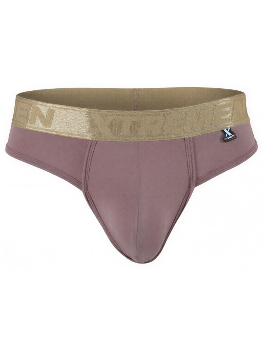 CityBoyz USA Xtremen microfiber khaki thong with minimal coverage and elastic waistband, shown on a model.