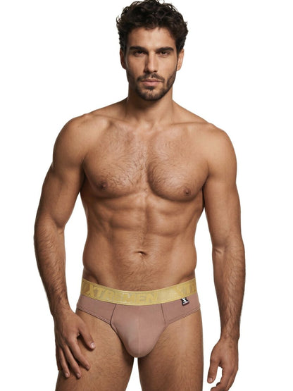 CityBoyz USA Xtremen microfiber thong in khaki, showcasing the sleek, minimal design and comfortable fit.