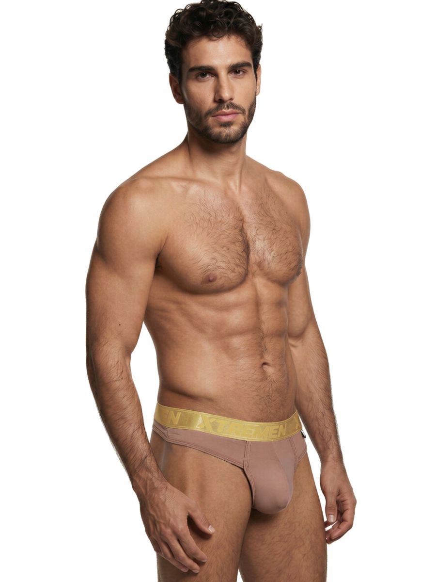 CityBoyz USA Xtremen microfiber khaki thong, showcasing a snug fit with smooth fabric and minimal coverage.
