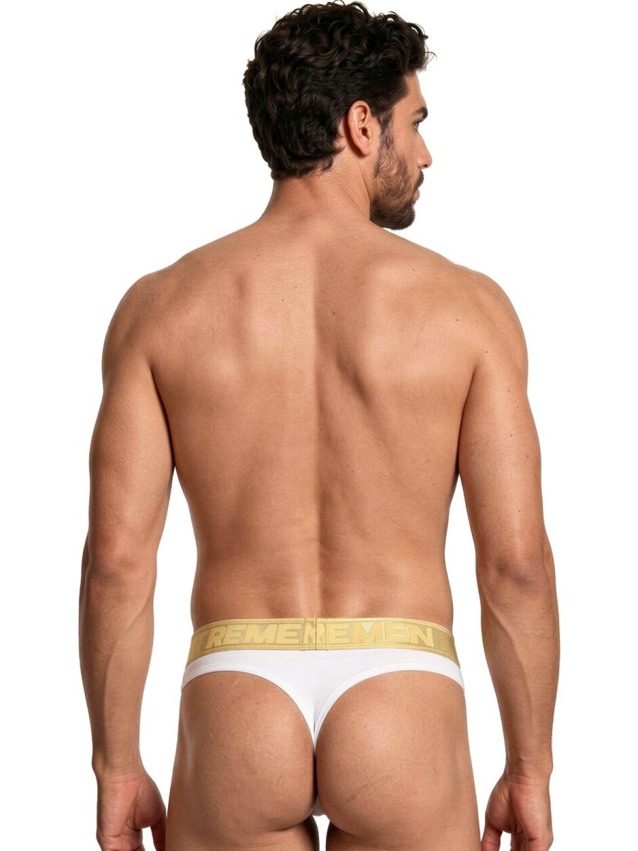 White Xtremen microfiber thong by CITYBOYZ★USA, showcasing smooth fabric and minimal design with thin straps.
