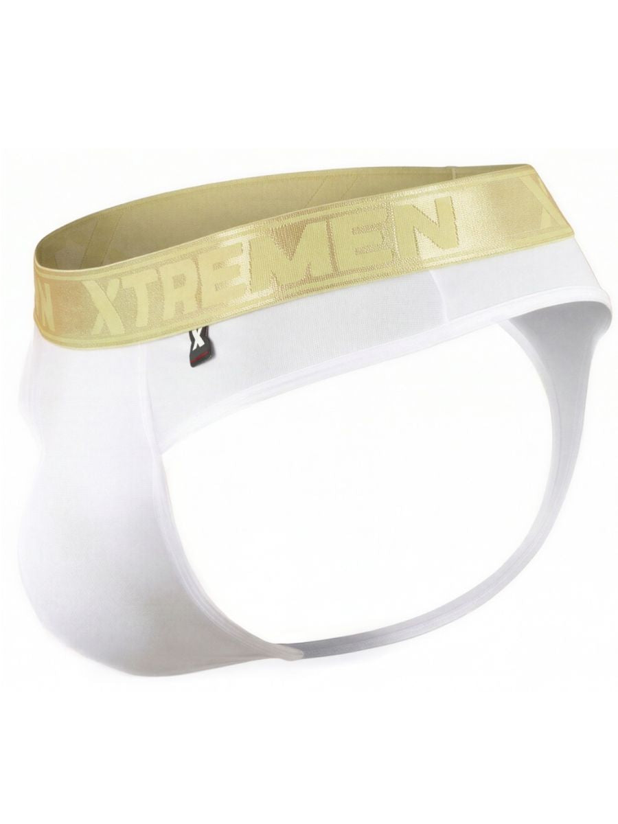 White Xtremen microfiber thong by CITYBOYZ★USA, featuring sleek fabric and minimal coverage, shown on a model.