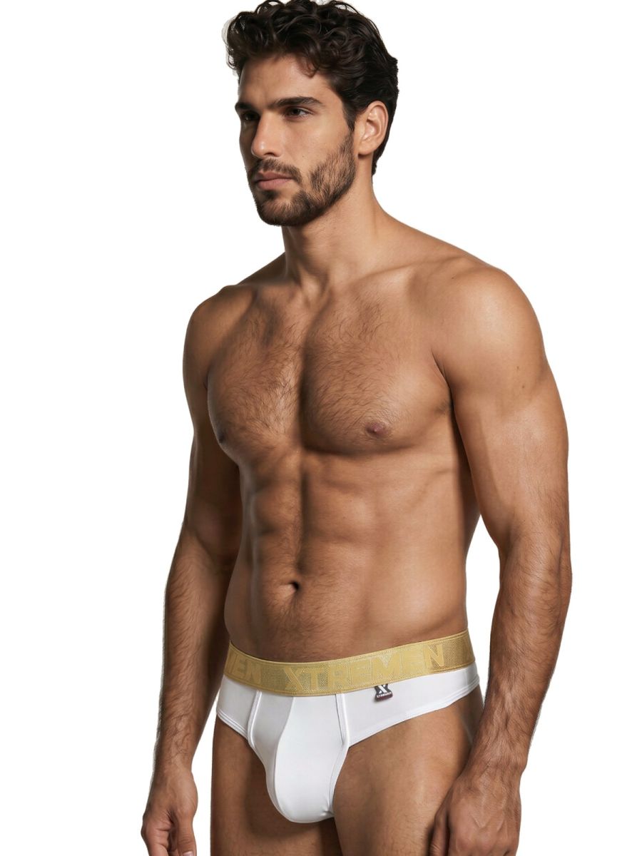 White Xtremen microfiber thong from CITYBOYZ★USA, showcasing smooth fabric and minimalist design with thin waistband.