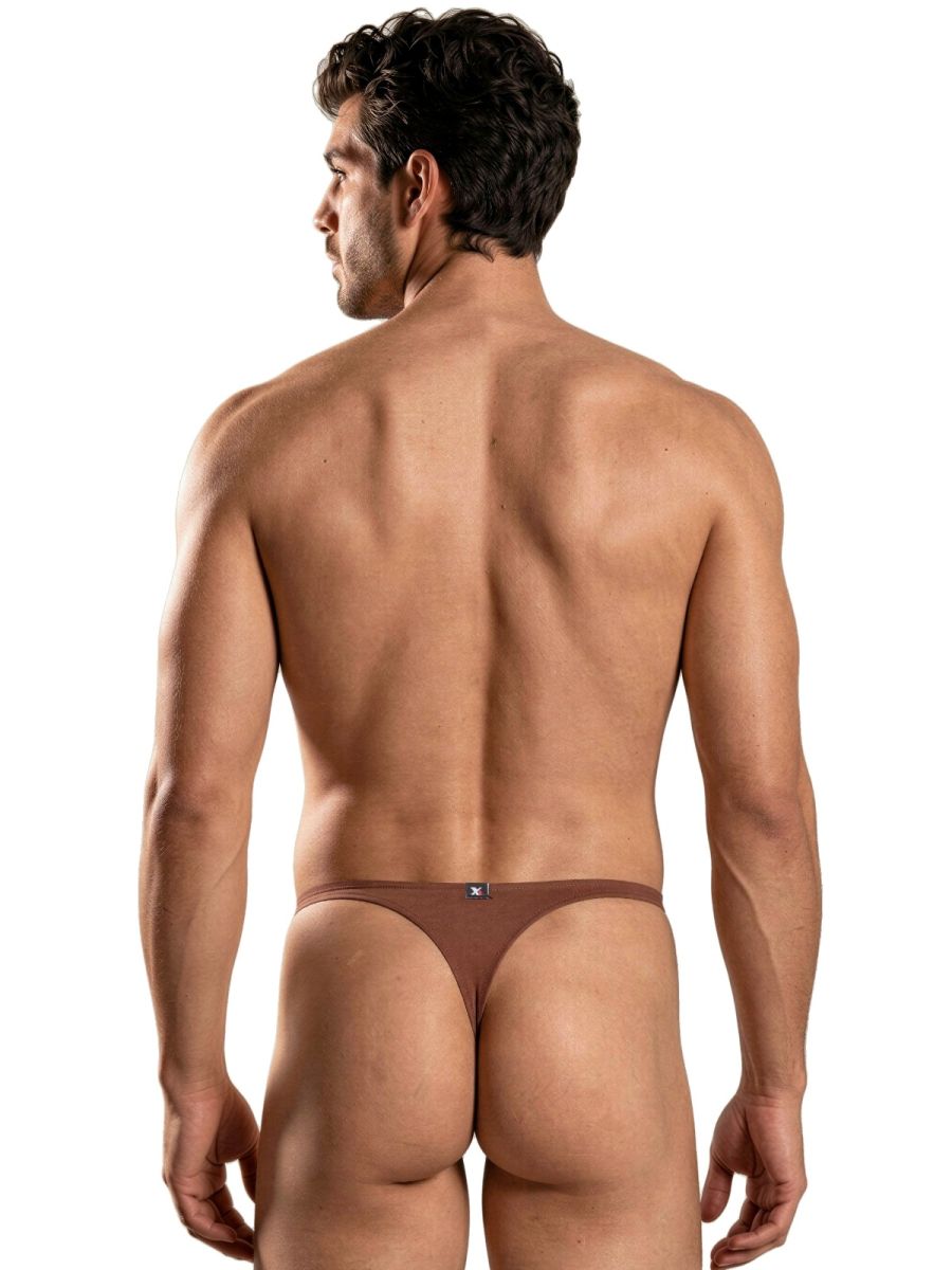 CityBOYZ USA Xtremen microfiber chocolate thong laid flat showing smooth fabric and minimalistic design.