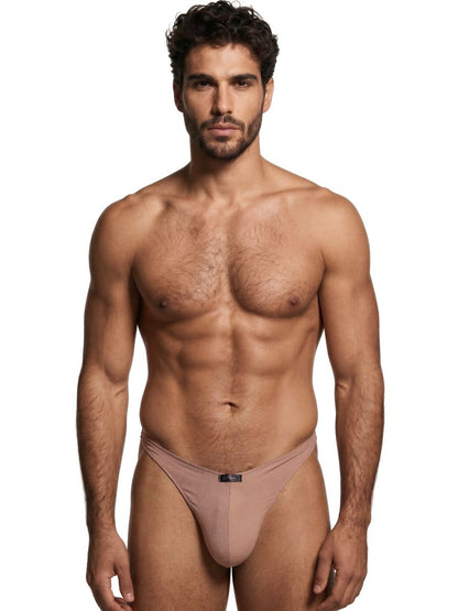 CityBoyz USA Xtremen microfiber khaki thong, close-up view showing sleek fabric and minimal design.