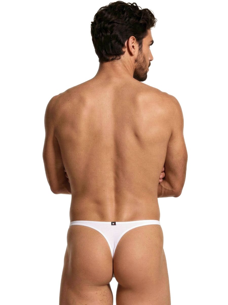White Xtremen microfiber thong by CITYBOYZ USA with sleek design and comfortable fit, shown on a model.