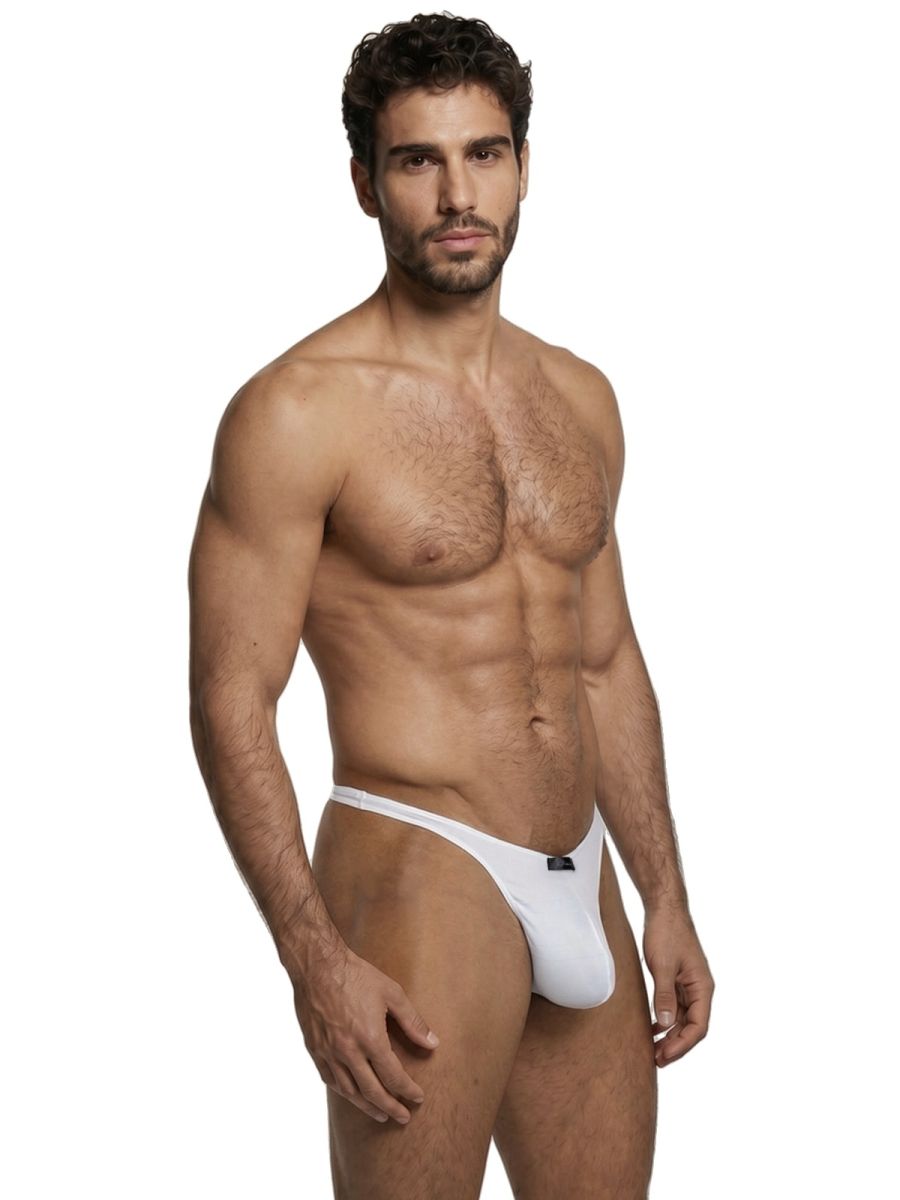 White Xtremen microfiber thong by CITYBOYZ★USA with smooth fabric, minimal design, and comfortable fit, shown on a neutral background.