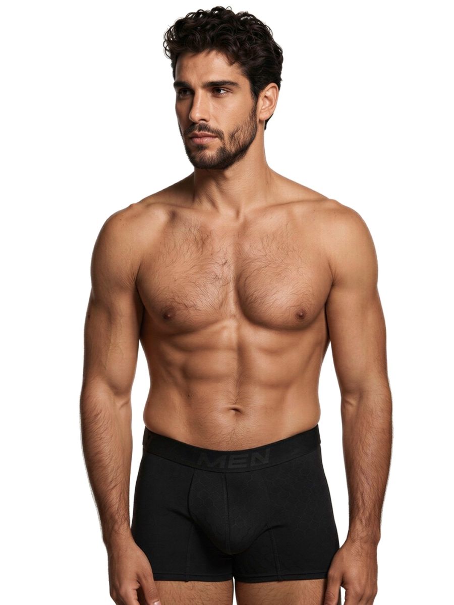 Black Xtremen Microfiber Boxer Brief by CITYBOYZ★USA, showing close-up of snug fit and soft microfiber fabric.