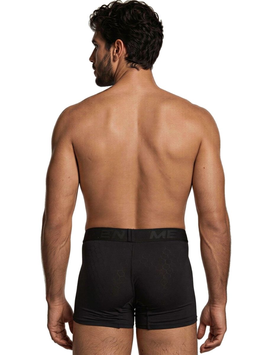 Black Xtremen microfiber boxer brief by CITYBOYZ USA featuring a close-up view of the sleek, comfortable fit and elastic waistband.
