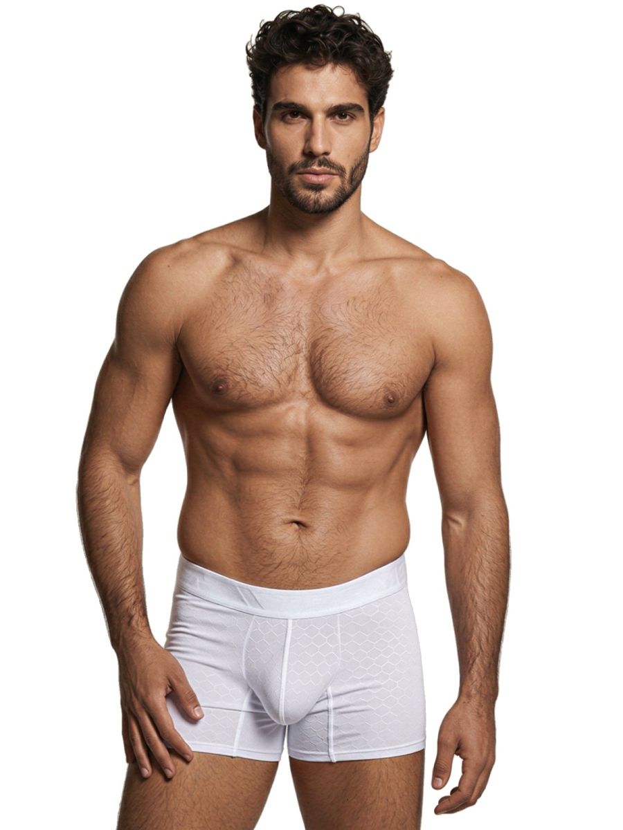 White Xtremen microfiber boxer brief by CITYBOYZ USA, showcasing a close-up of the comfortable, snug fit and smooth fabric.
